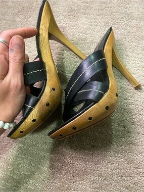 Vintage Bebe Black Leather and Wood High Heel